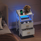 Hzuaneri Table de Chevet, avec Éclairage LED, Table de Nuit avec 2 Tiroirs de Rangement en Tissu, Tables d'appoint avec Ports USB et 2 Prises CA, pour Chambre, Blanc NS36113W