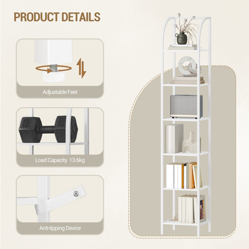 Hzuaneri Bookcase, 6-Tier Bookshelf, Narrow Bookcase Shelving Unit for Living Room, Office, Sturdy, Bedroom, 30 x 33.6 x 182.5 cm, Industrial, White, BC56013W