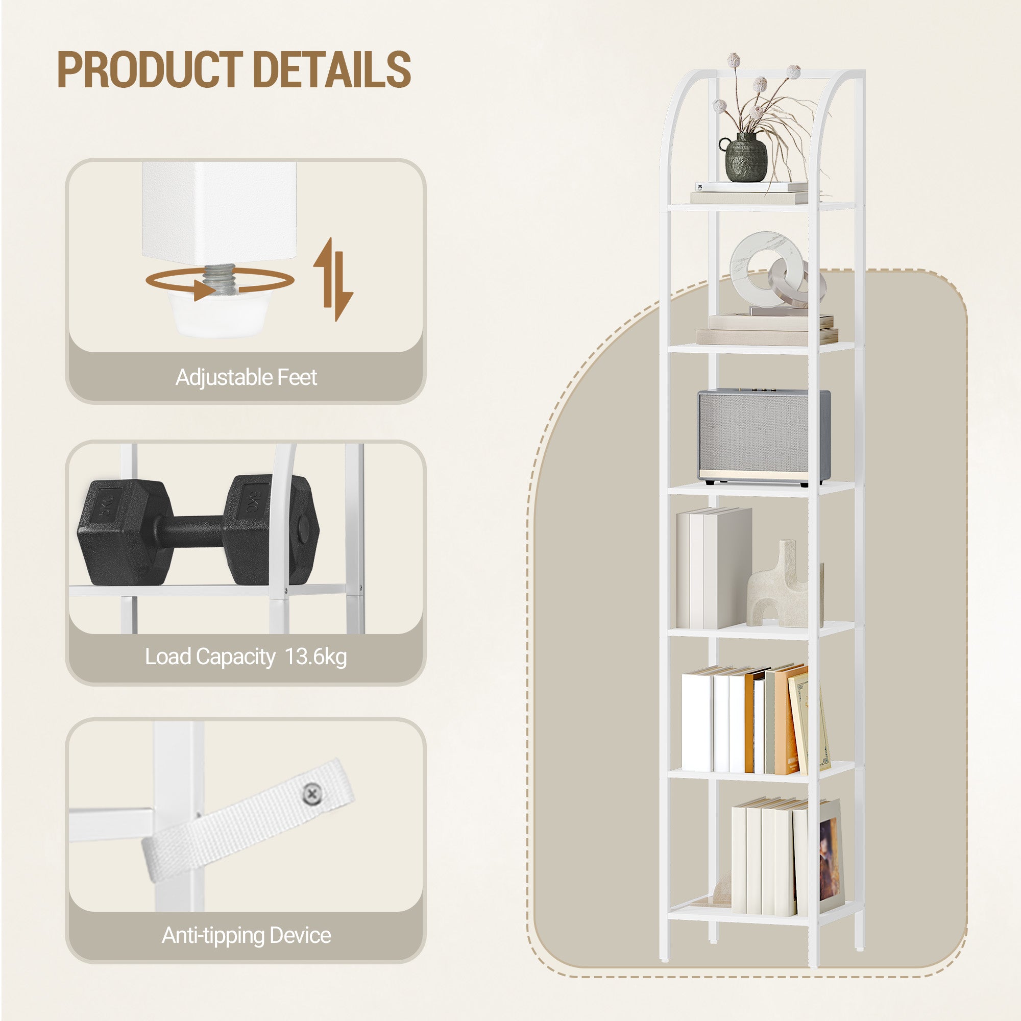 Hzuaneri Bookcase, 6-Tier Bookshelf, Narrow Bookcase Shelving Unit for Living Room, Office, Sturdy, Bedroom, 30 x 33.6 x 182.5 cm, Industrial, White, BC56013W