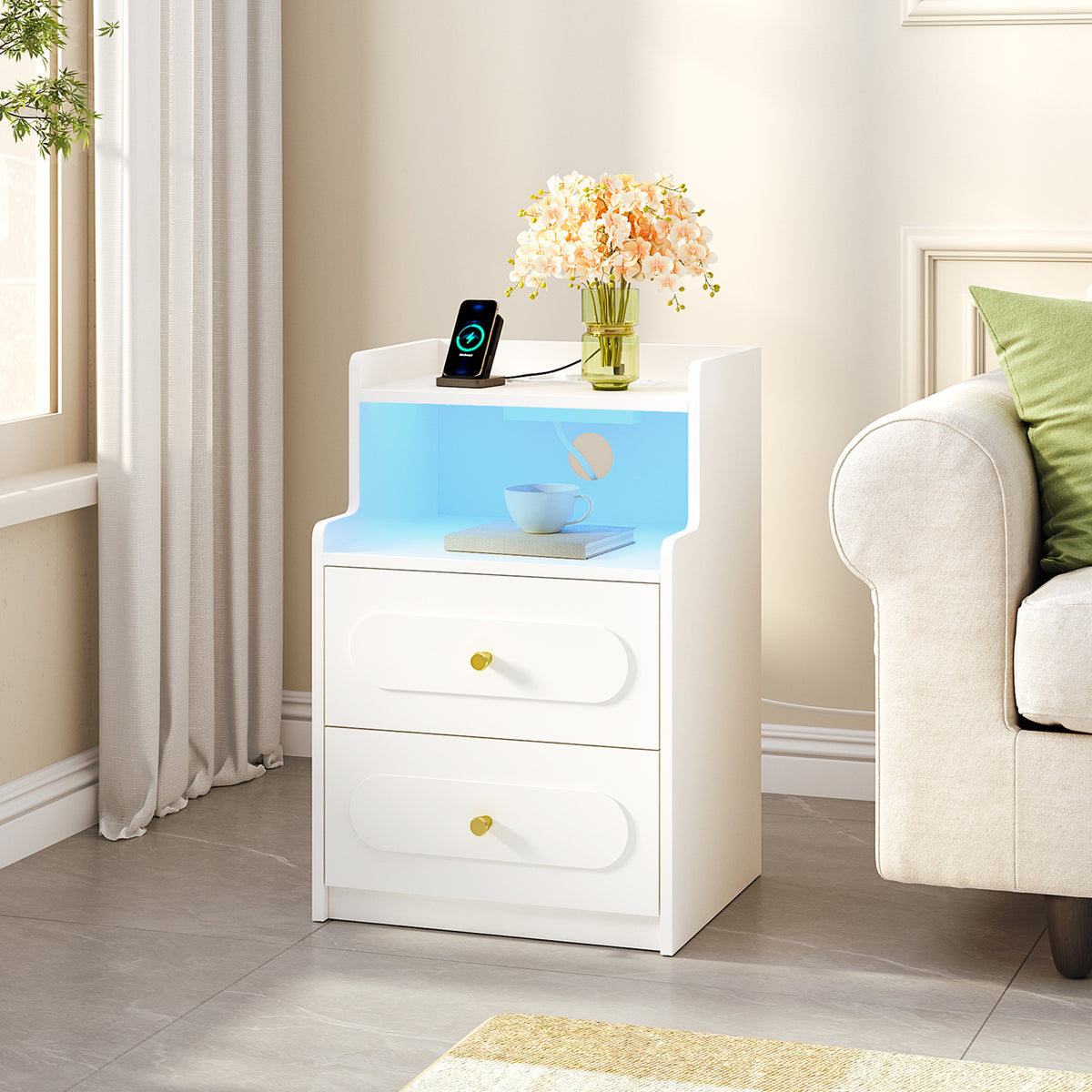 HEXCELEN Nightstand, Side Table with 2 Drawers, Nightstand with Open Compartment, Bedside Table for Bedroom, Wood-Based Nightstand, Sofa Table, for Bedroom Living Room White 421103X
