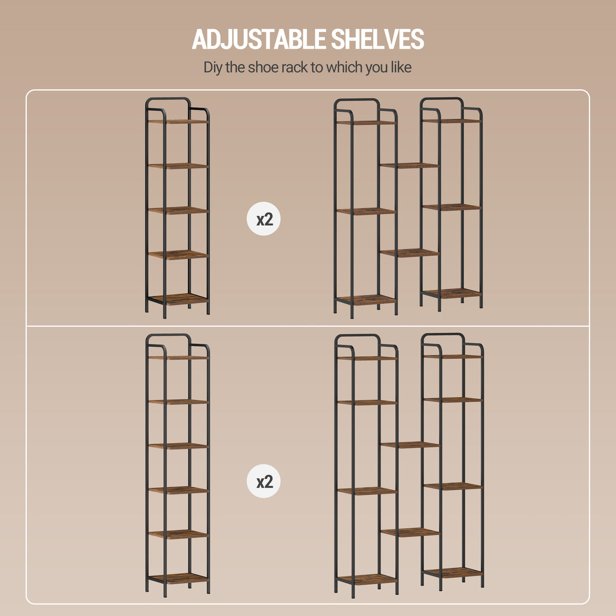 Hzuaneri 5-Tier Bookcase Bookshelf, Narrow Tall Bookcase, Slim Wooden Shelving Unit for Bedroom, Living Room, Home Office, Sturdy, Rustic Brown and Black, BC24501B