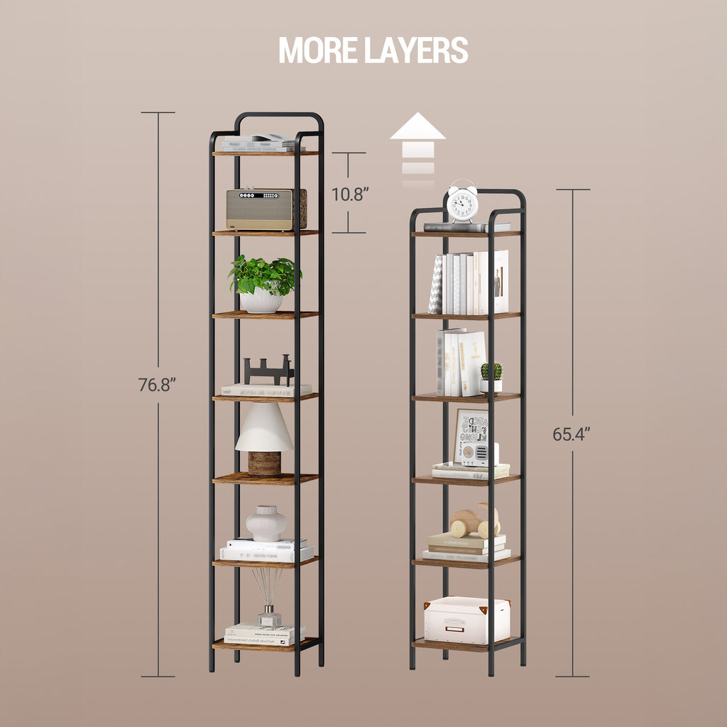 Hzuaneri 7-Tier Bookcase Bookshelf, Narrow Tall Bookcase, Slim Wooden Shelving Unit for Bedroom, Living Room, Home Office, Sturdy, Rustic Brown and Black, BC24801B