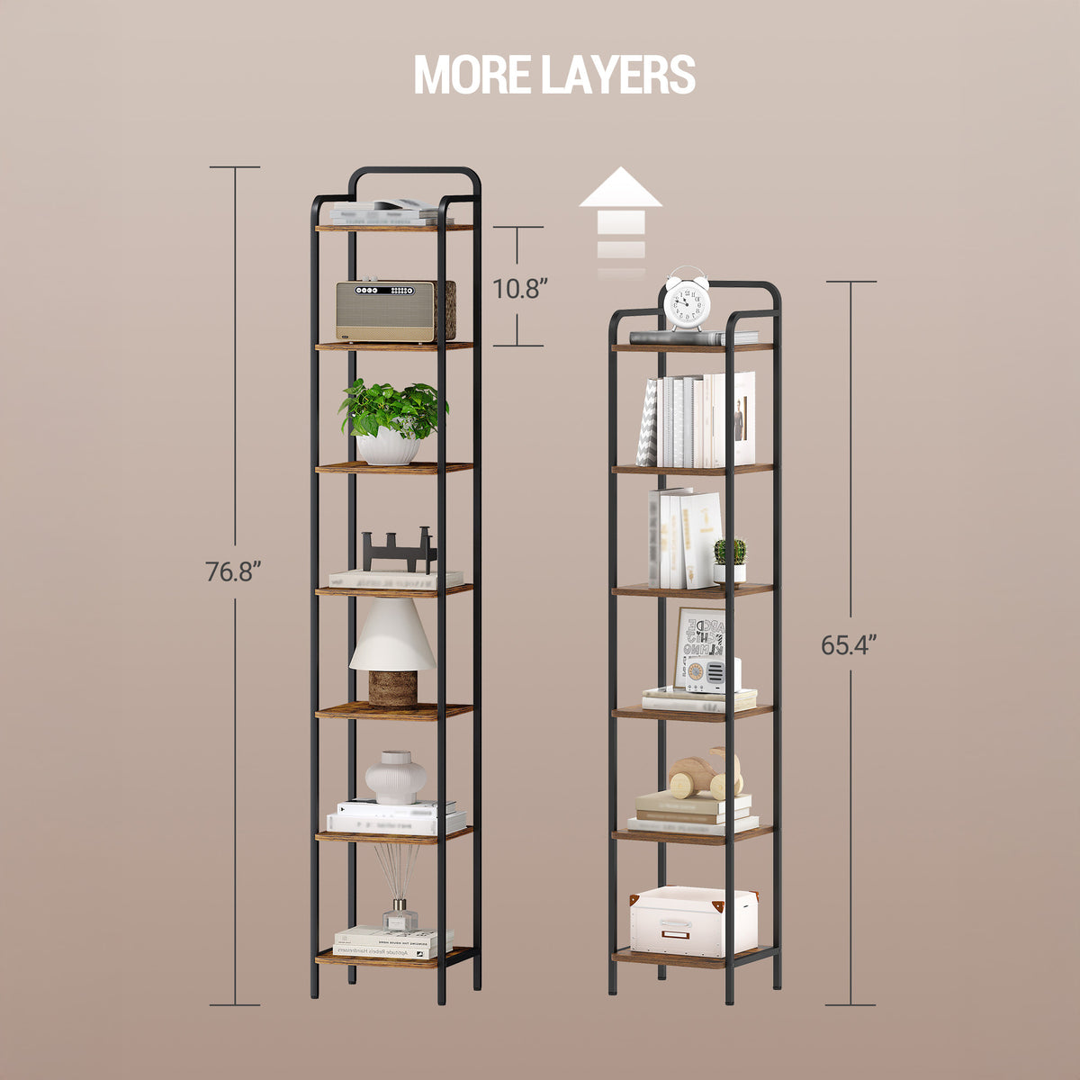 Hzuaneri 7-Tier Bookcase Bookshelf, Narrow Tall Bookcase, Slim Wooden Shelving Unit for Bedroom, Living Room, Home Office, Sturdy, Rustic Brown and Black, BC24801B