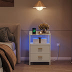 Hzuaneri Table de Chevet, avec Éclairage LED, Table de Nuit avec 2 Tiroirs de Rangement en Tissu, Tables d'appoint avec Ports USB et 2 Prises CA, pour Chambre, Blanc NS36113W