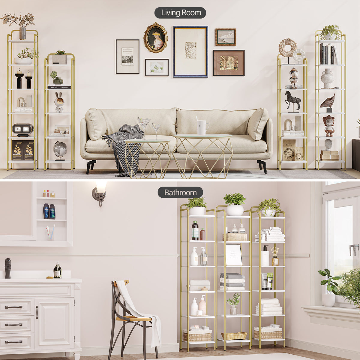 Hzuaneri 6-Tier Bookcase Bookshelf, Narrow Tall Bookcase, Slim Wooden Shelving Unit for Bedroom, Living Room, Home Office, Sturdy, White-Gold, BC24613G