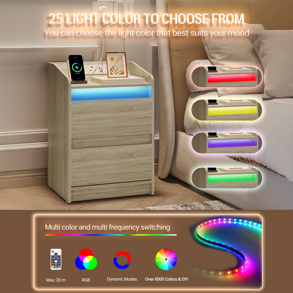 Hzuaneri Nightstands Set of 2 with LED Lights, Charging Station and 2 Drawers, Side Table with USB Ports and Power Outlets, Ideal for Living Room and Bedroom, Oak Color, NS30116X