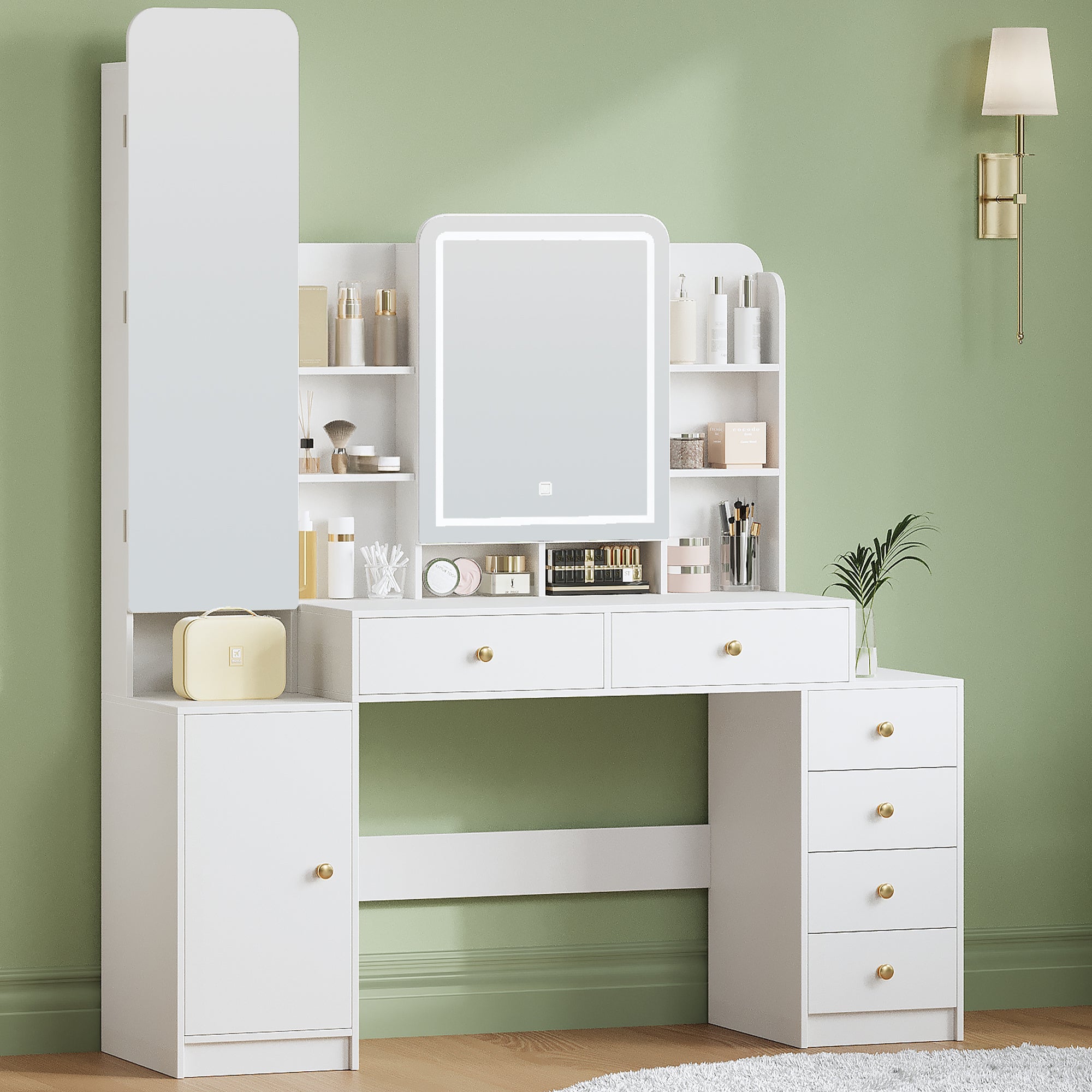 Hzuaneri Large Vanity Table with Lighting, Dressing Table with Mirror and Jewelry Compartment, with 8 Open Compartments, 6 Drawers and 1 Storage Compartment, White DT41803X