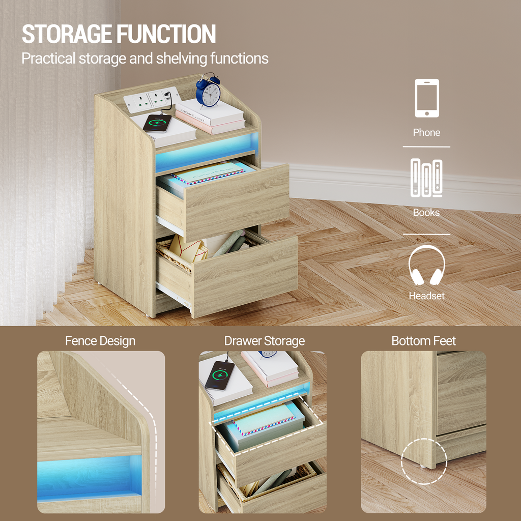 Hzuaneri Nightstands Set of 2 with LED Lights, Charging Station and 2 Drawers, Side Table with USB Ports and Power Outlets, Ideal for Living Room and Bedroom, Oak Color, NS30116X