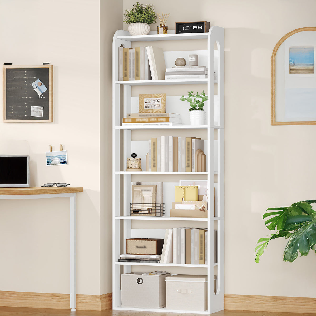 Hzuaneri 7-Tier Wooden Bookshelf, 24x60x182cm Standing Shelf for Bedroom, Living Room & Study, White