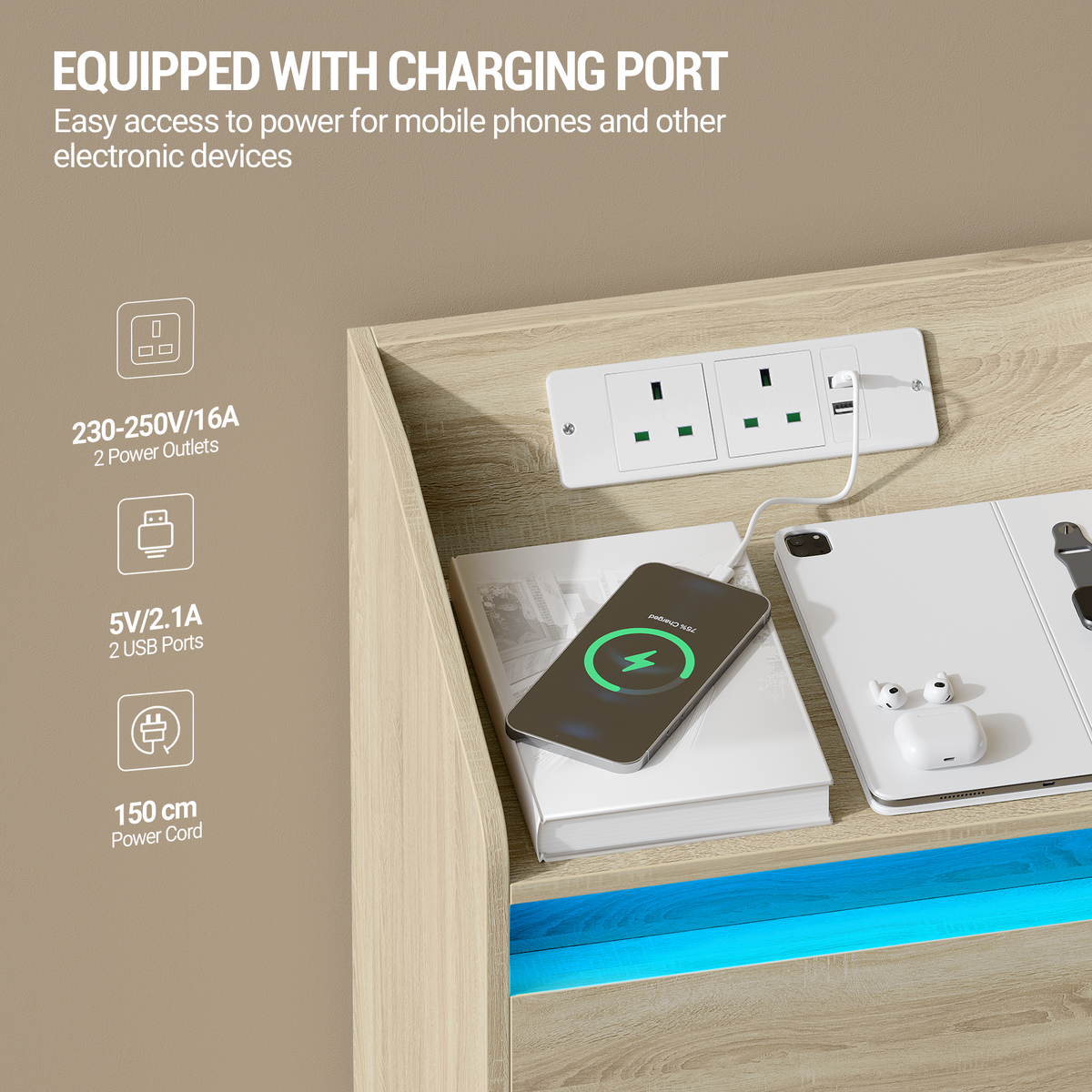 Hzuaneri Nightstands Set of 2 with LED Lights, Charging Station and 2 Drawers, Side Table with USB Ports and Power Outlets, Ideal for Living Room and Bedroom, Oak Color, NS30116X