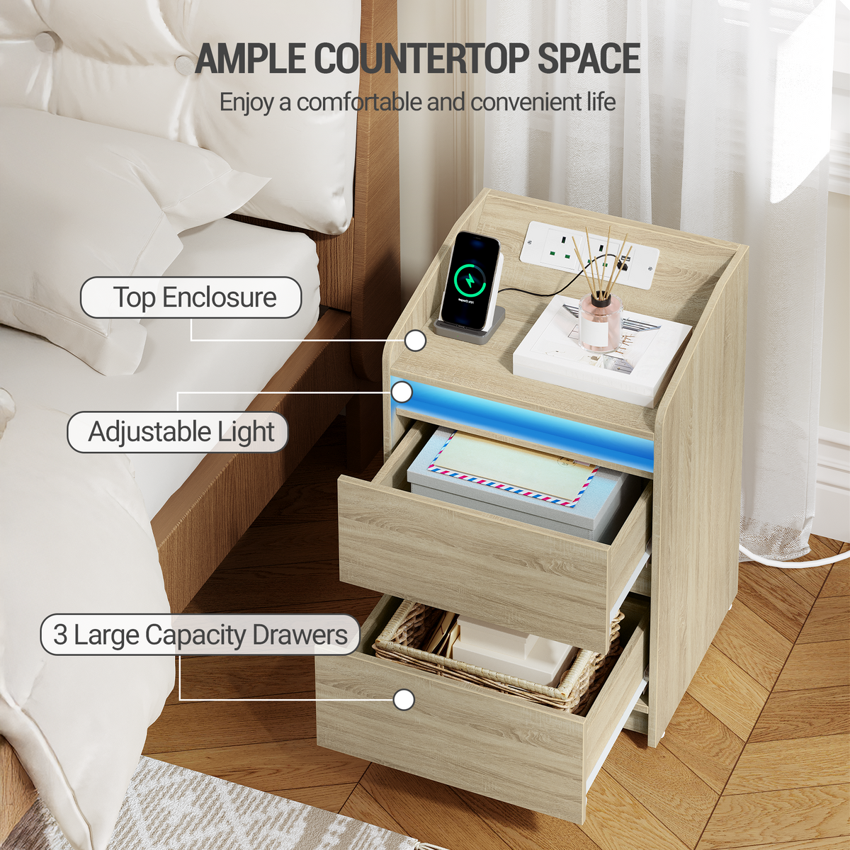 Hzuaneri Nightstands Set of 2 with LED Lights, Charging Station and 2 Drawers, Side Table with USB Ports and Power Outlets, Ideal for Living Room and Bedroom, Oak Color, NS30116X