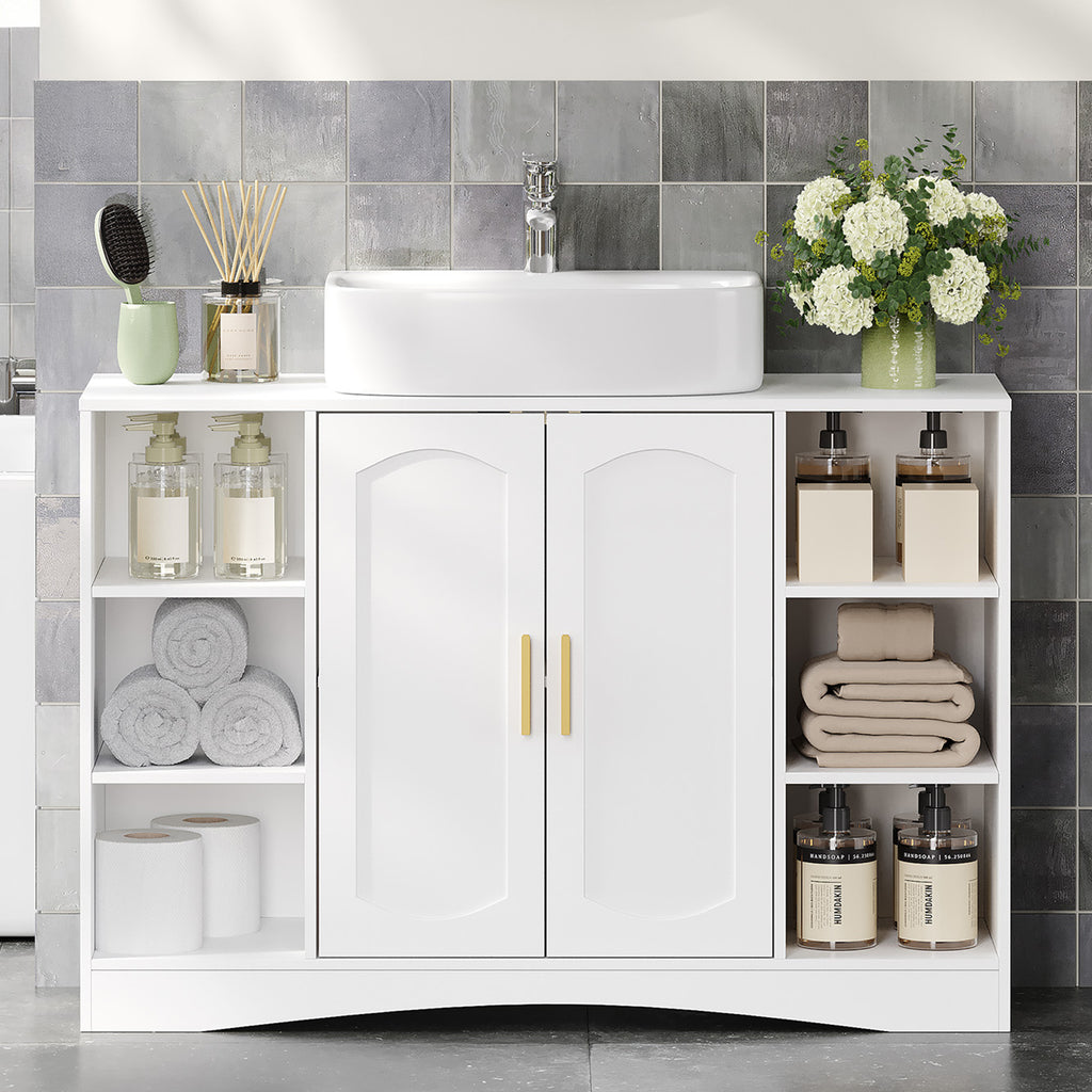 HEXCELEN Vanity Unit, Bathroom Cabinet, 30 × 90 × 61.2 cm, Vanity Unit with 2 Doors, 6 Open Shelves, Bathroom Cabinet, Adjustable Shelf, Ample Storage Space, White 506103X