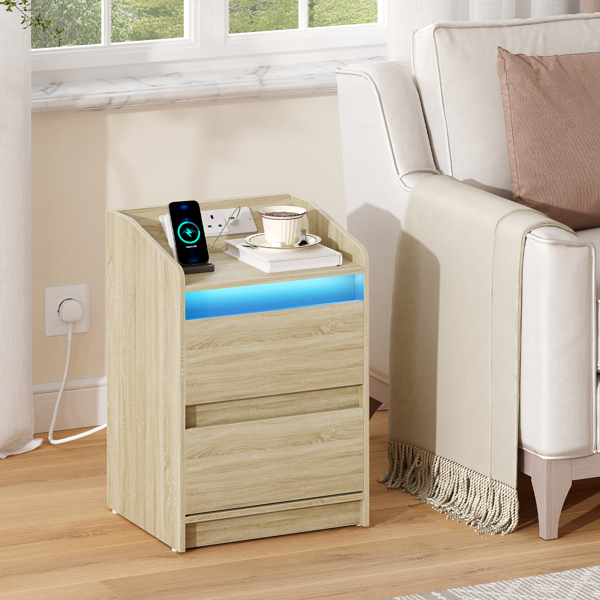 Hzuaneri Nightstands Set of 2 with LED Lights, Charging Station and 2 Drawers, Side Table with USB Ports and Power Outlets, Ideal for Living Room and Bedroom, Oak Color, NS30116X
