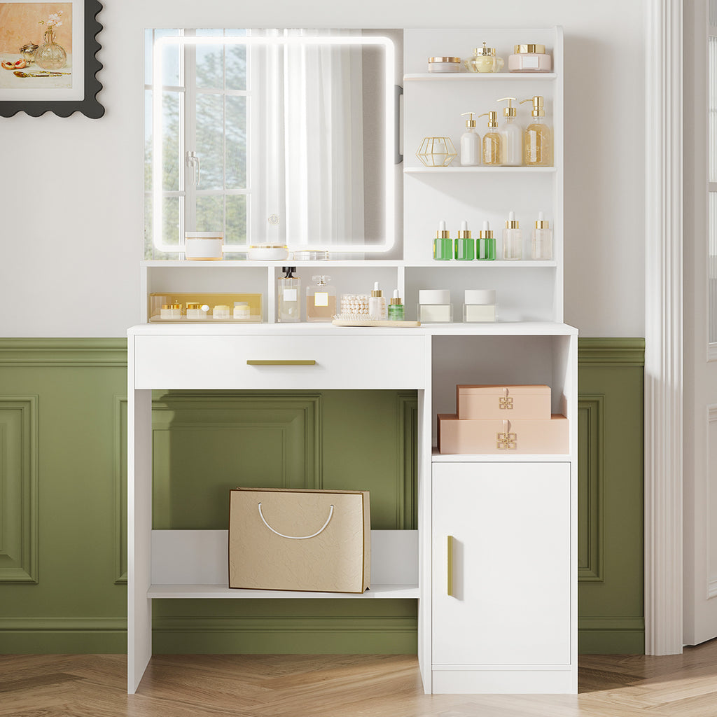 Hzuaneri dressing table with mirror and LED light, with 3 shelves and 4 open compartments, dressing table with large drawers and cabinets, 3-way adjustable lighting, white DT42103X