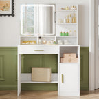 Hzuaneri dressing table with mirror and LED light, with 3 shelves and 4 open compartments, dressing table with large drawers and cabinets, 3-way adjustable lighting, white DT42103X