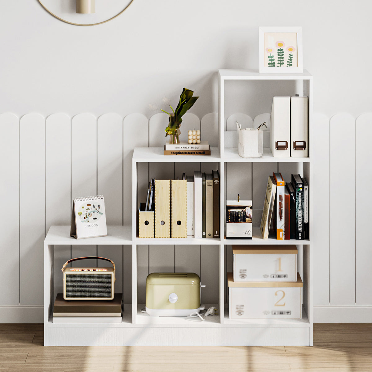 Hzuaneri Bookcase, 6 Cube Storage Unit, Cube Bookcase Storage Organiser, White Wide Wooden Book Shelf for Living Room, Home Office, Bedroom, Study, White, BC24113X