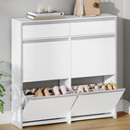 HEXCELEN Narrow Shoe Cabinet with 4 Hinged Doors, Shoe Cabinet, Shoe Rack with Drawer, Narrow Shoe Chest with 8 Shelves, Adjustable, for Hallway, Entrance, 100 x 24 x 99 cm, White