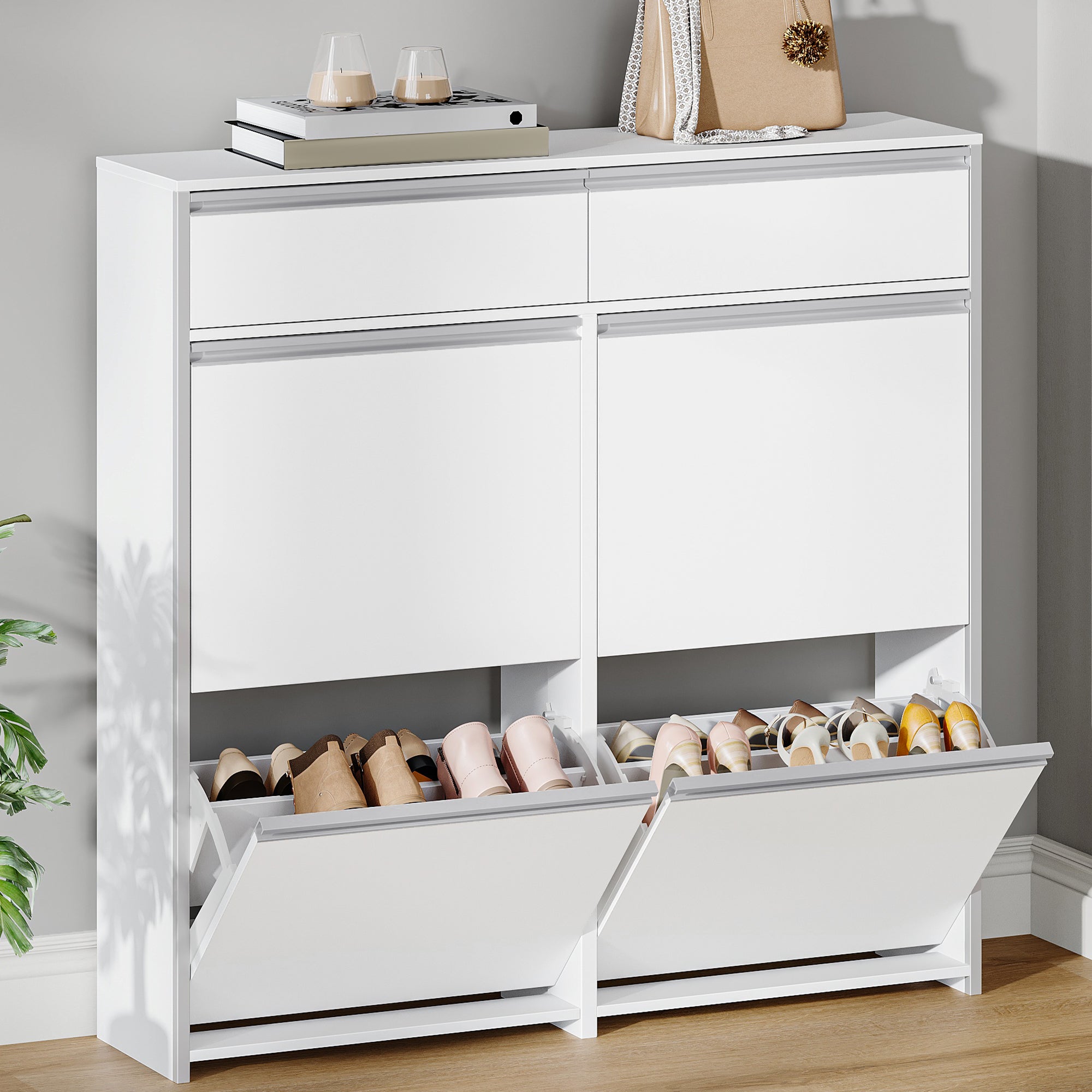 HEXCELEN Narrow Shoe Cabinet with 4 Hinged Doors, Shoe Cabinet, Shoe Rack with Drawer, Narrow Shoe Chest with 8 Shelves, Adjustable, for Hallway, Entrance, 100 x 24 x 99 cm, White