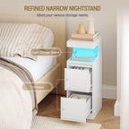 Hzuaneri LED Nightstand, Side Table with 2 Drawers and Open Compartment, Dimmable Light, for Bedroom or Living Room — 30 x 24 x 65 cm, White NS39113X