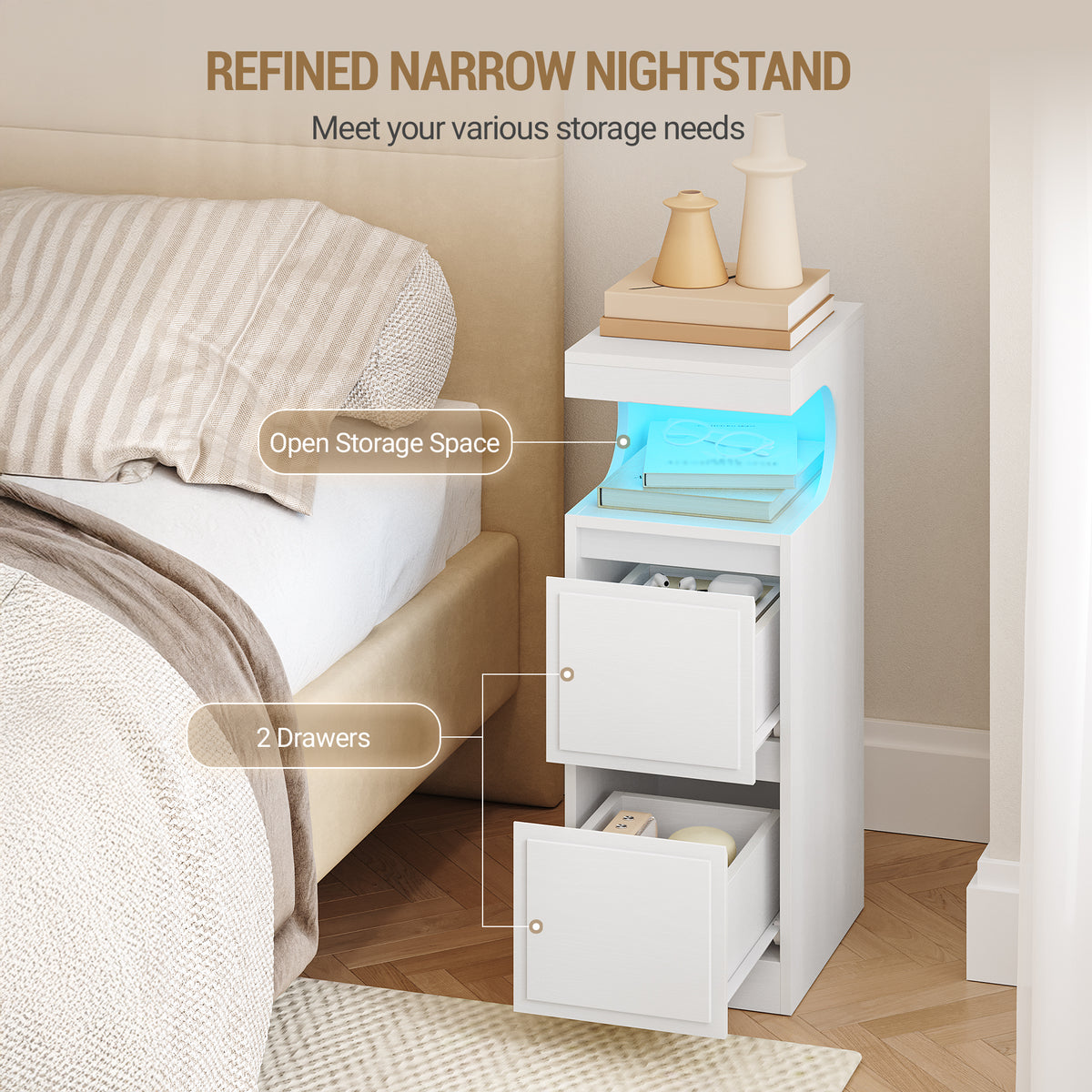 Hzuaneri LED Nightstand, Side Table with 2 Drawers and Open Compartment, Dimmable Light, for Bedroom or Living Room — 30 x 24 x 65 cm, White NS39113X