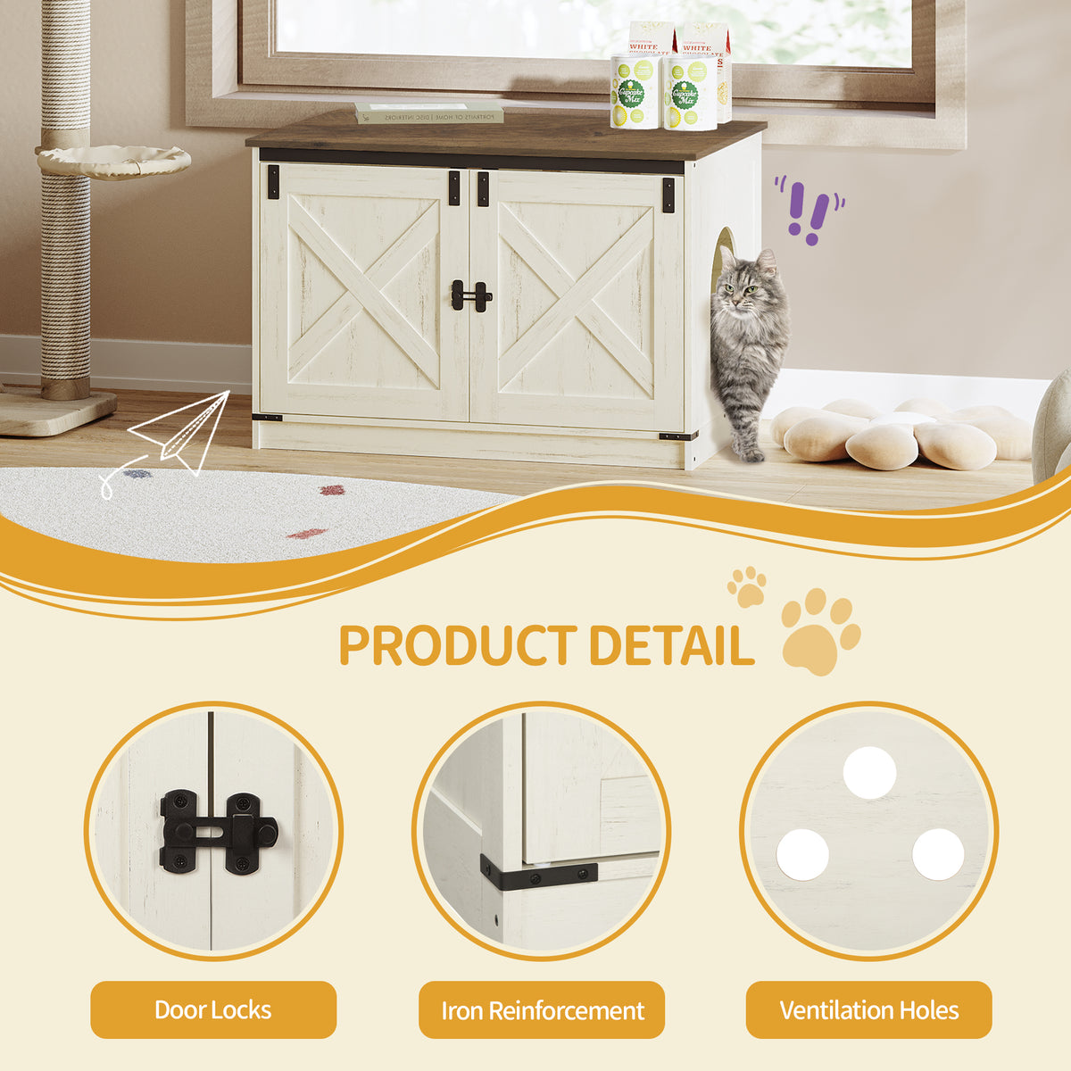 Hzuaneri Cat Litter Box Enclosure, Hidden Litter Box Furniture with Detachable Dividers, Reversible Entrance Left or Right Side, Wooden Cat House, 80 x 50 x 54 cm, Rustic Brown and White CB86614X