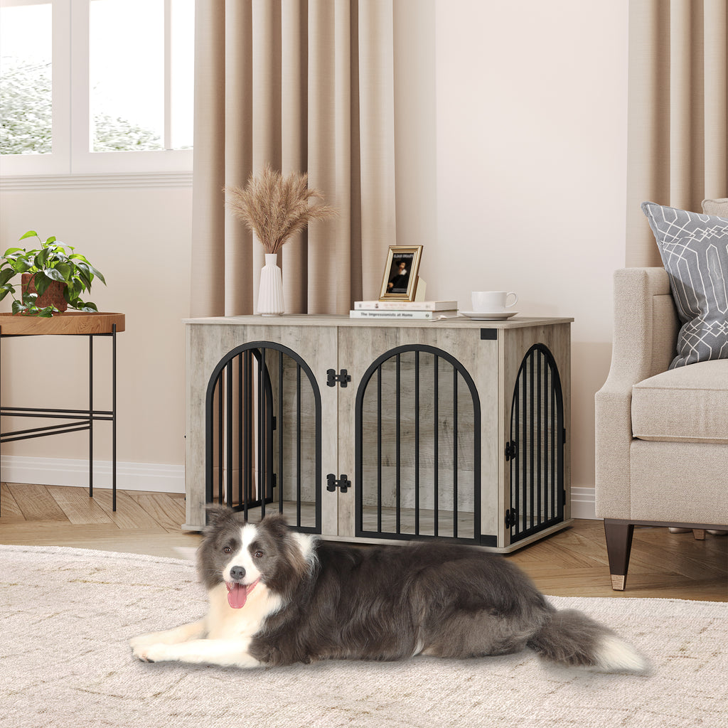 Hzuaneri Dog Cage Furniture, 100cm Dog Box for Home, 3 Doors, Arched Door, Modern Indoor Dog Crate for Dogs, Side Table, Heavy Duty Dog Cage, 100 x 60 x 63 cm, Light Ivory DFC84105B