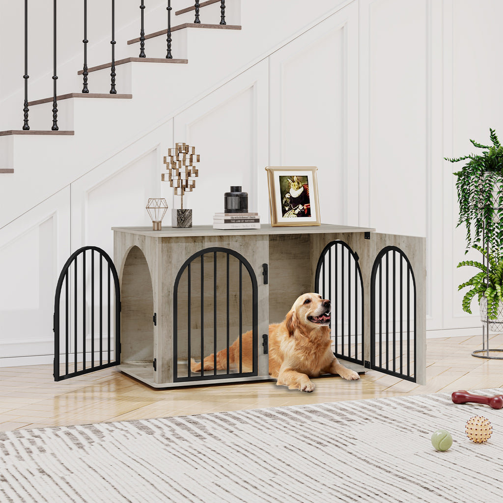 Hzuaneri Dog Cage Furniture, 100cm Dog Box for Home, 3 Doors, Arched Door, Modern Indoor Dog Crate for Dogs, Side Table, Heavy Duty Dog Cage, 100 x 60 x 63 cm, Light Ivory DFC84105B