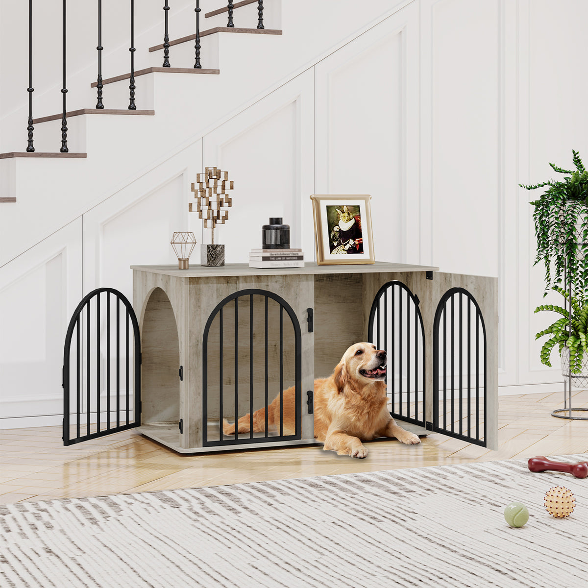 Hzuaneri Dog Cage Furniture, 100cm Dog Box for Home, 3 Doors, Arched Door, Modern Indoor Dog Crate for Dogs, Side Table, Heavy Duty Dog Cage, 100 x 60 x 63 cm, Light Ivory DFC84105B