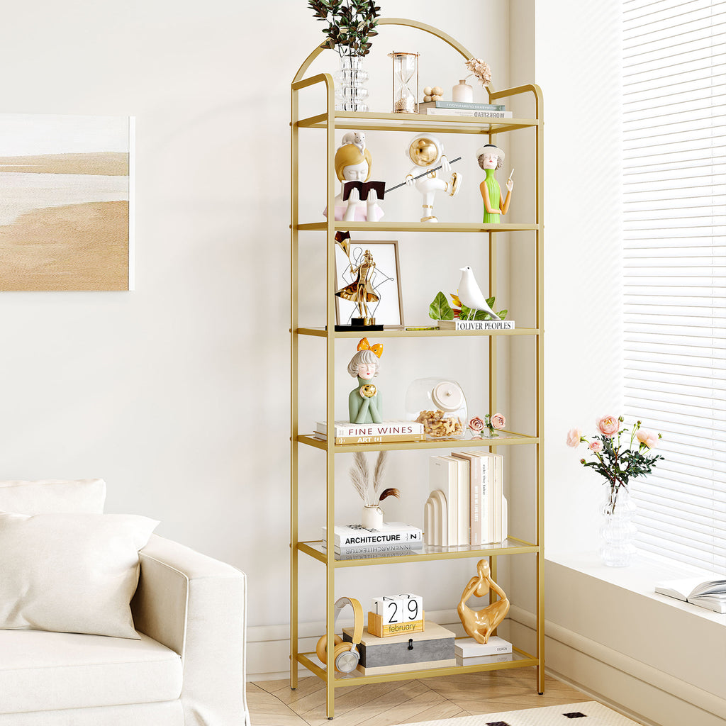 Hzuaneri 6 Tier Bookcase Bookshelf, Tempered Glass Bookshelves, Slim Shelving Unit for Bedroom, Bathroom, Home Office, Steel Frame, Gold BC21699G