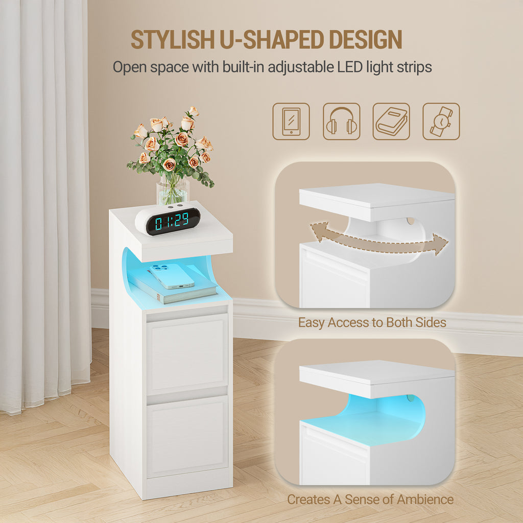 Hzuaneri LED Nightstand, Side Table with 2 Drawers and Open Compartment, Dimmable Light, for Bedroom or Living Room — 30 x 24 x 65 cm, White NS39113X