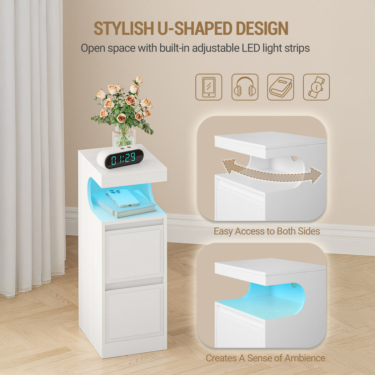 Hzuaneri LED Nightstand, Side Table with 2 Drawers and Open Compartment, Dimmable Light, for Bedroom or Living Room — 30 x 24 x 65 cm, White NS39113X