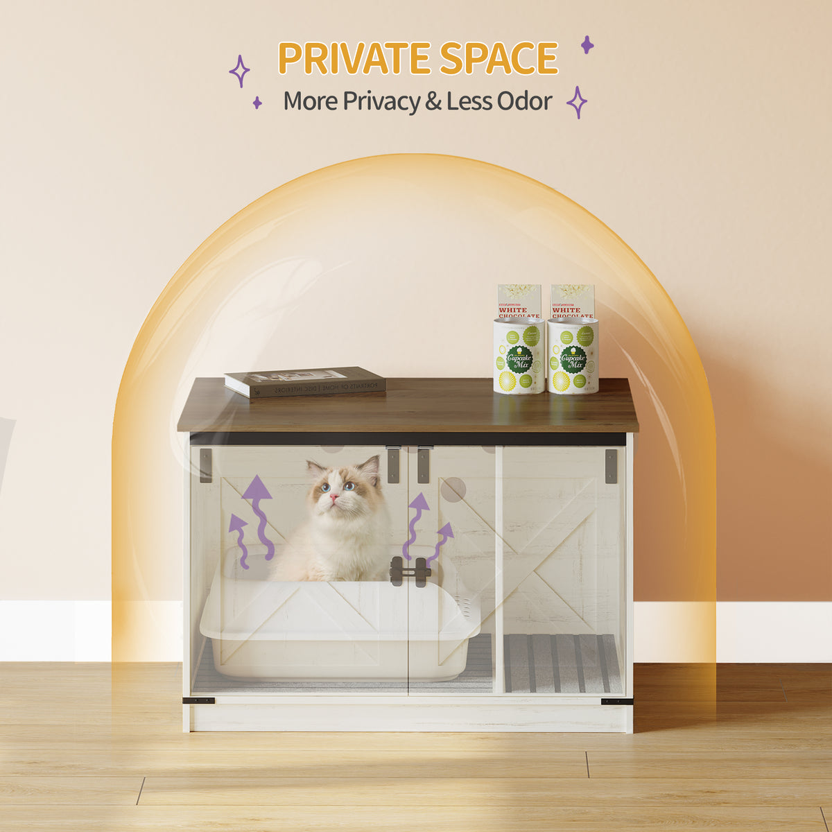 Hzuaneri Cat Litter Box Enclosure, Hidden Litter Box Furniture with Detachable Dividers, Reversible Entrance Left or Right Side, Wooden Cat House, 80 x 50 x 54 cm, Rustic Brown and White CB86614X