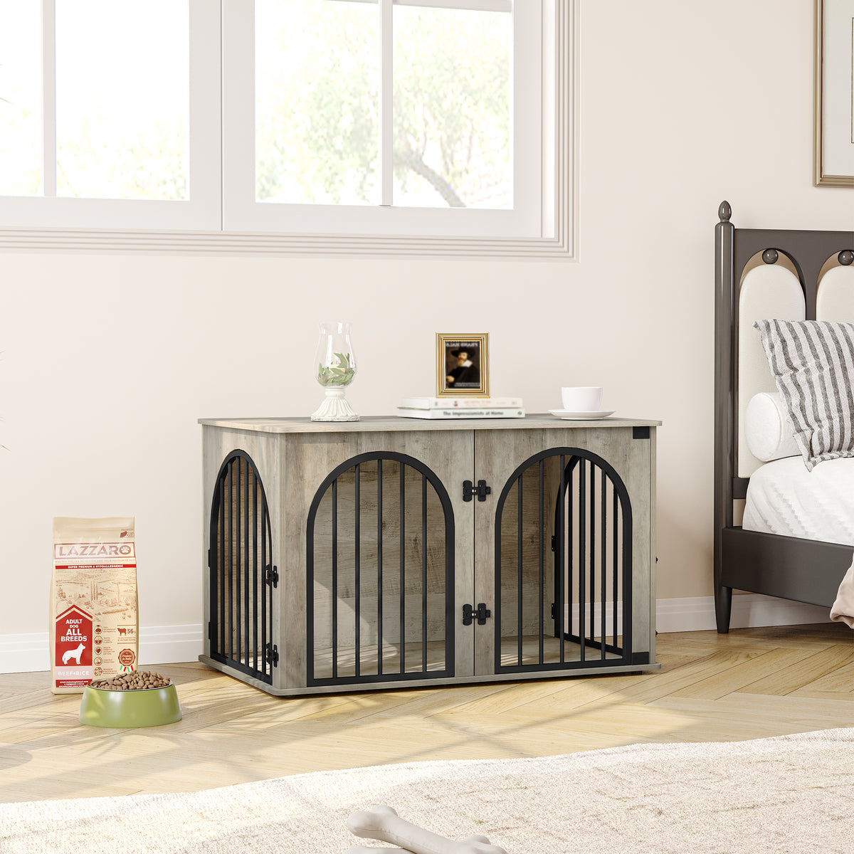 Hzuaneri Dog Cage Furniture, 100cm Dog Box for Home, 3 Doors, Arched Door, Modern Indoor Dog Crate for Dogs, Side Table, Heavy Duty Dog Cage, 100 x 60 x 63 cm, Light Ivory DFC84105B