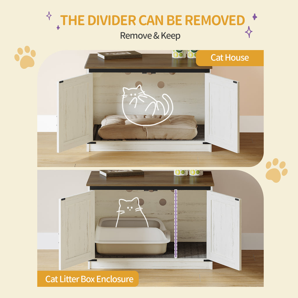 Hzuaneri Cat Litter Box Enclosure, Hidden Litter Box Furniture with Detachable Dividers, Reversible Entrance Left or Right Side, Wooden Cat House, 80 x 50 x 54 cm, Rustic Brown and White CB86614X