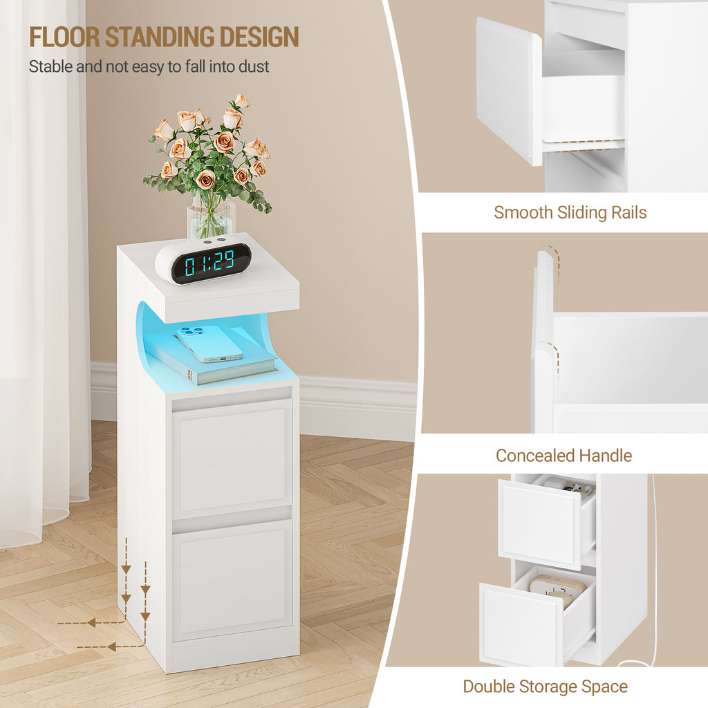 Hzuaneri LED Nightstand, Side Table with 2 Drawers and Open Compartment, Dimmable Light, for Bedroom or Living Room — 30 x 24 x 65 cm, White NS39113X