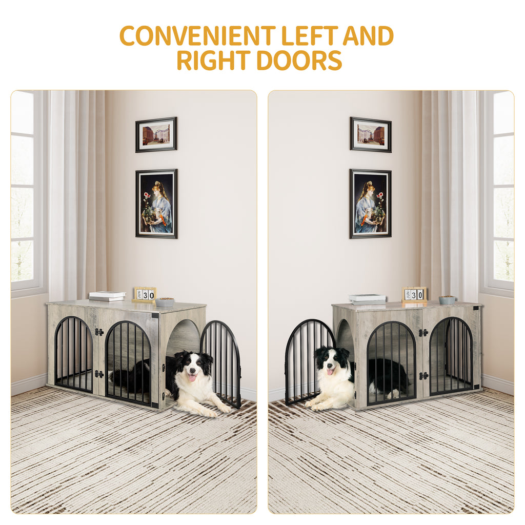 Hzuaneri Dog Cage Furniture, 100cm Dog Box for Home, 3 Doors, Arched Door, Modern Indoor Dog Crate for Dogs, Side Table, Heavy Duty Dog Cage, 100 x 60 x 63 cm, Light Ivory DFC84105B