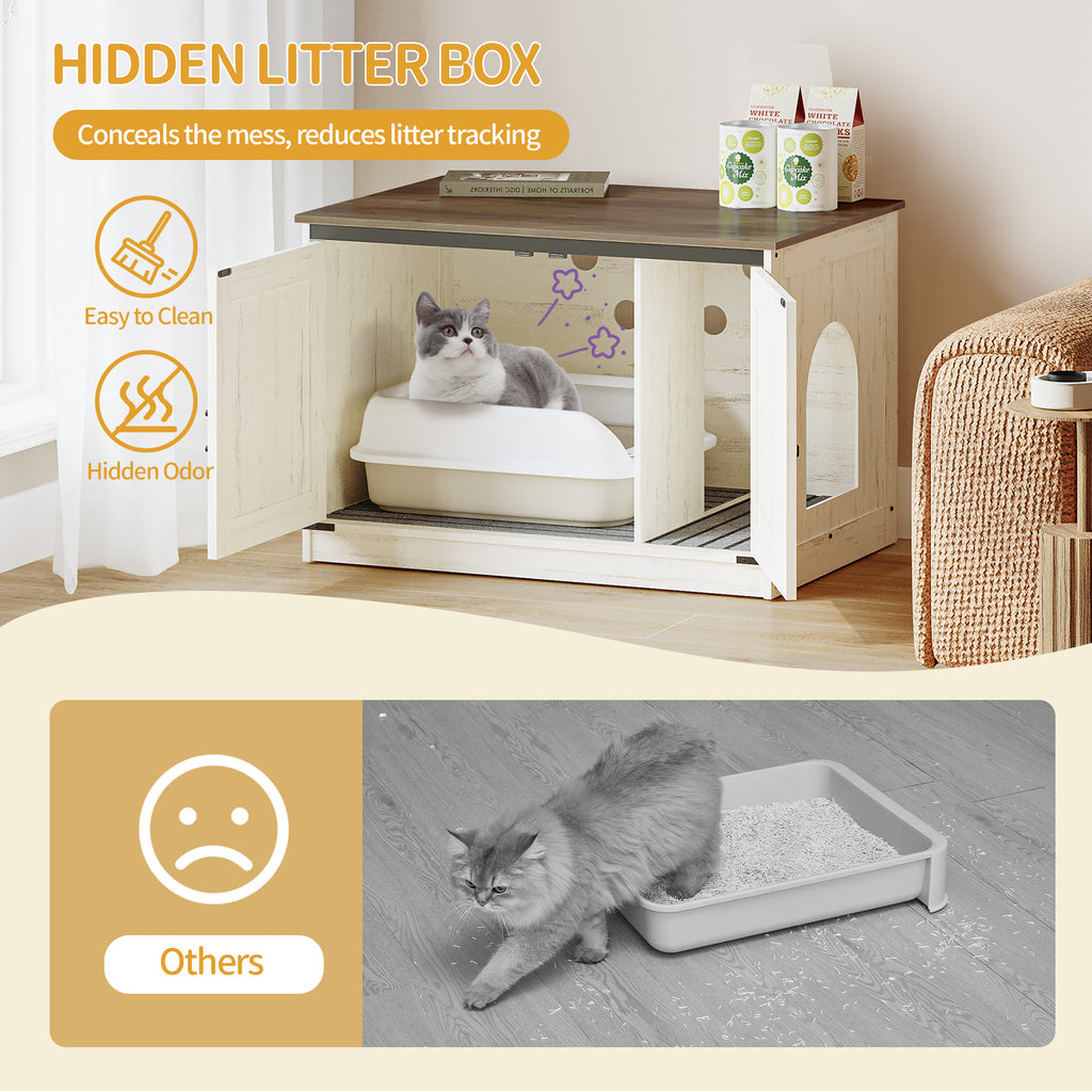 Hzuaneri Cat Litter Box Enclosure, Hidden Litter Box Furniture with Detachable Dividers, Reversible Entrance Left or Right Side, Wooden Cat House, 80 x 50 x 54 cm, Rustic Brown and White CB86614X