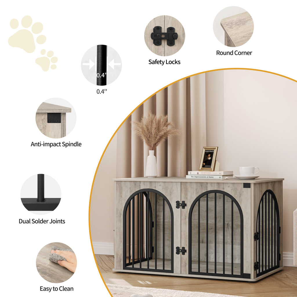 Hzuaneri Dog Cage Furniture, 100cm Dog Box for Home, 3 Doors, Arched Door, Modern Indoor Dog Crate for Dogs, Side Table, Heavy Duty Dog Cage, 100 x 60 x 63 cm, Light Ivory DFC84105B