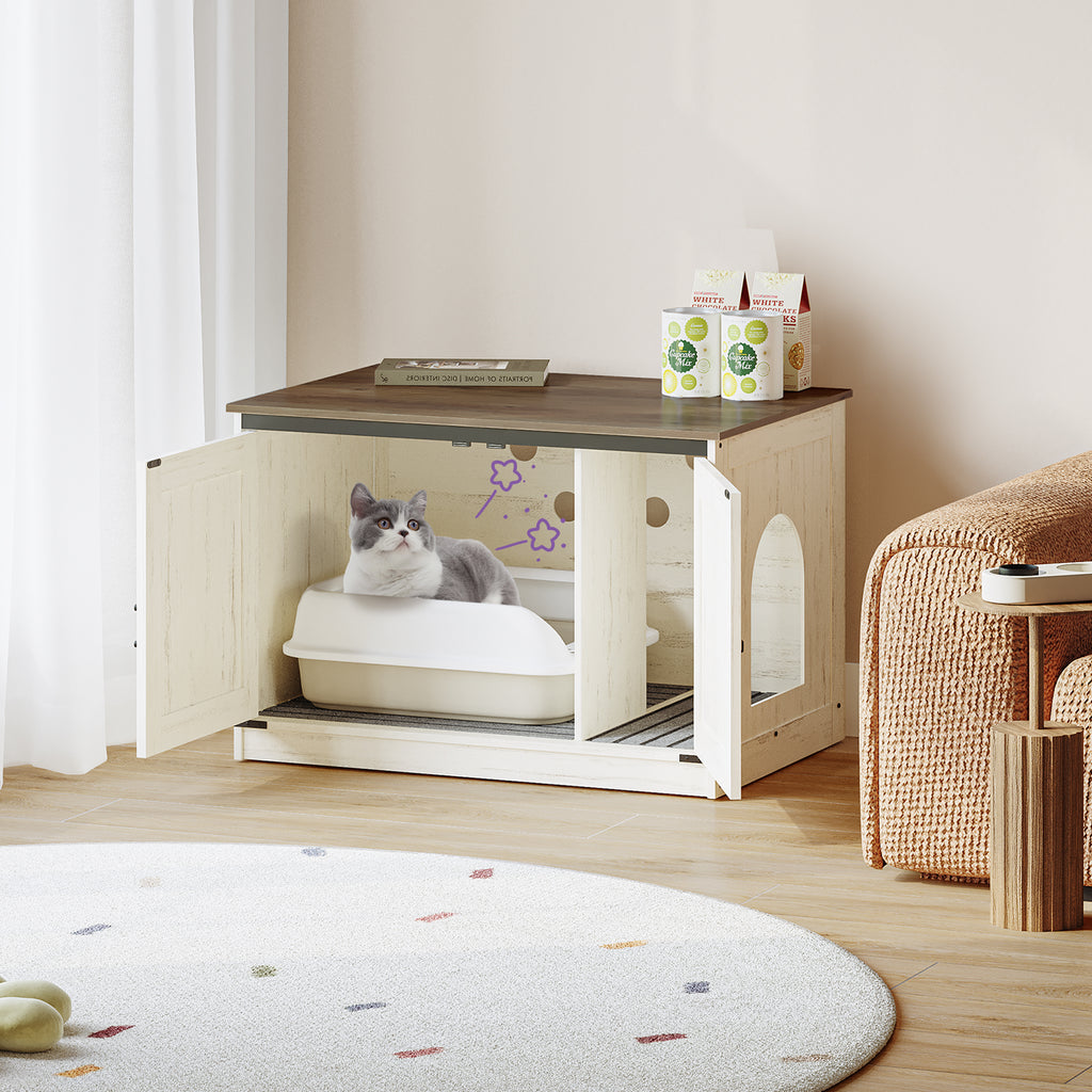 Hzuaneri Cat Litter Box Enclosure, Hidden Litter Box Furniture with Detachable Dividers, Reversible Entrance Left or Right Side, Wooden Cat House, 80 x 50 x 54 cm, Rustic Brown and White CB86614X
