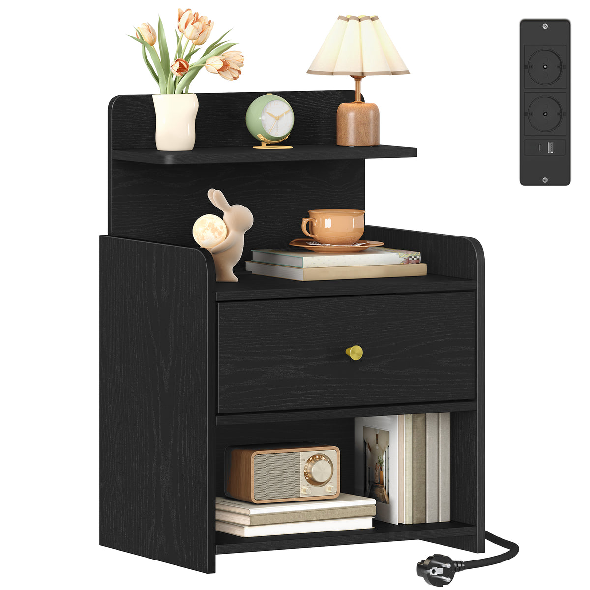HEXCELEN Nightstand, Side Table with 1 Drawer and 2 Open Compartments, Bedside Table, Sofa Table, Space-Saving, for Bedroom, Living Room, Modern, Black 411104X