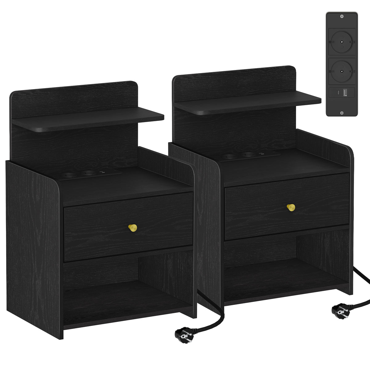 HEXCELEN Nightstand Set of 2, Side Table with 1 Drawer and 2 Open Compartments, Bedside Table, Sofa Table, Space-Saving, for Bedroom, Living Room, Modern, Black 411204X