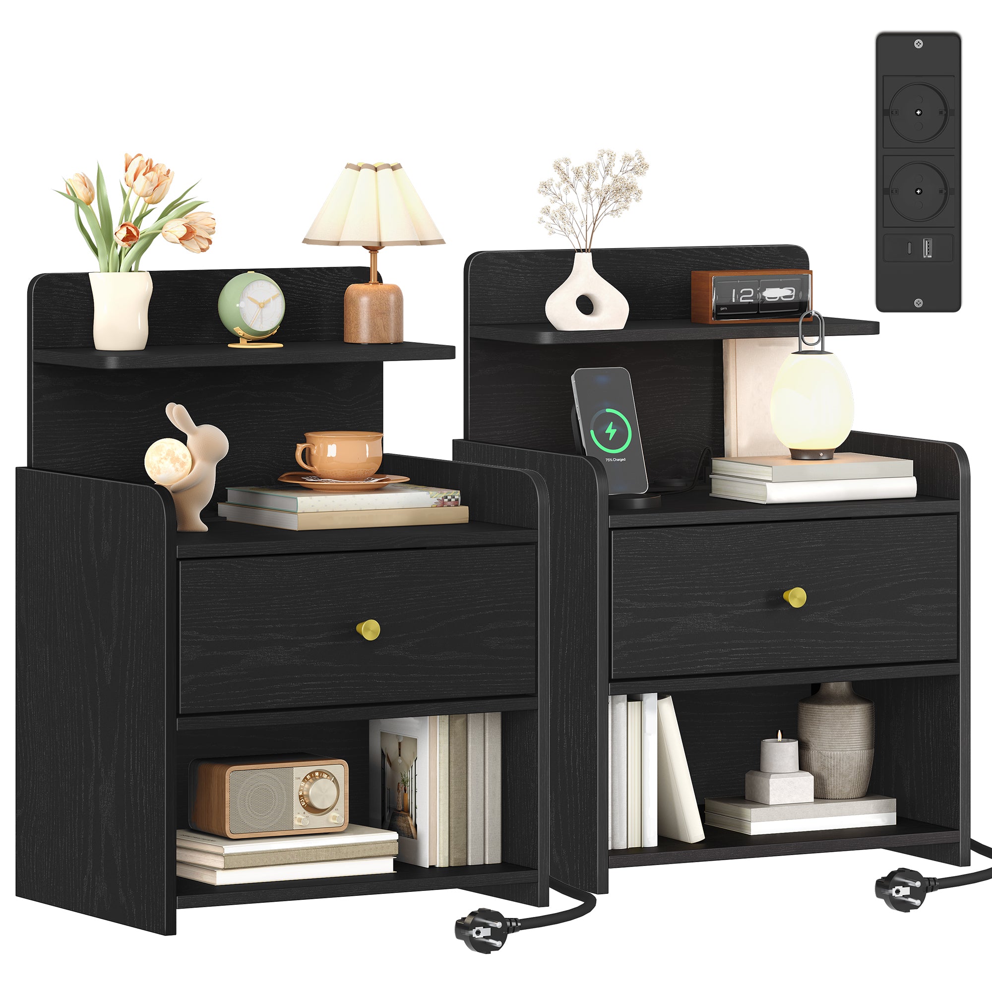HEXCELEN Nightstand Set of 2, Side Table with 1 Drawer and 2 Open Compartments, Bedside Table, Sofa Table, Space-Saving, for Bedroom, Living Room, Modern, Black 411204X