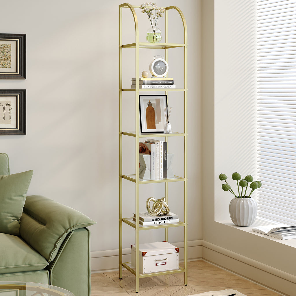 Hzuaneri 6 Tier Bookcase Bookshelf, Tempered Glass Bookshelves, Slim Shelving Unit for Bedroom, Bathroom, Home Office, Steel Frame, Gold, BC20699G