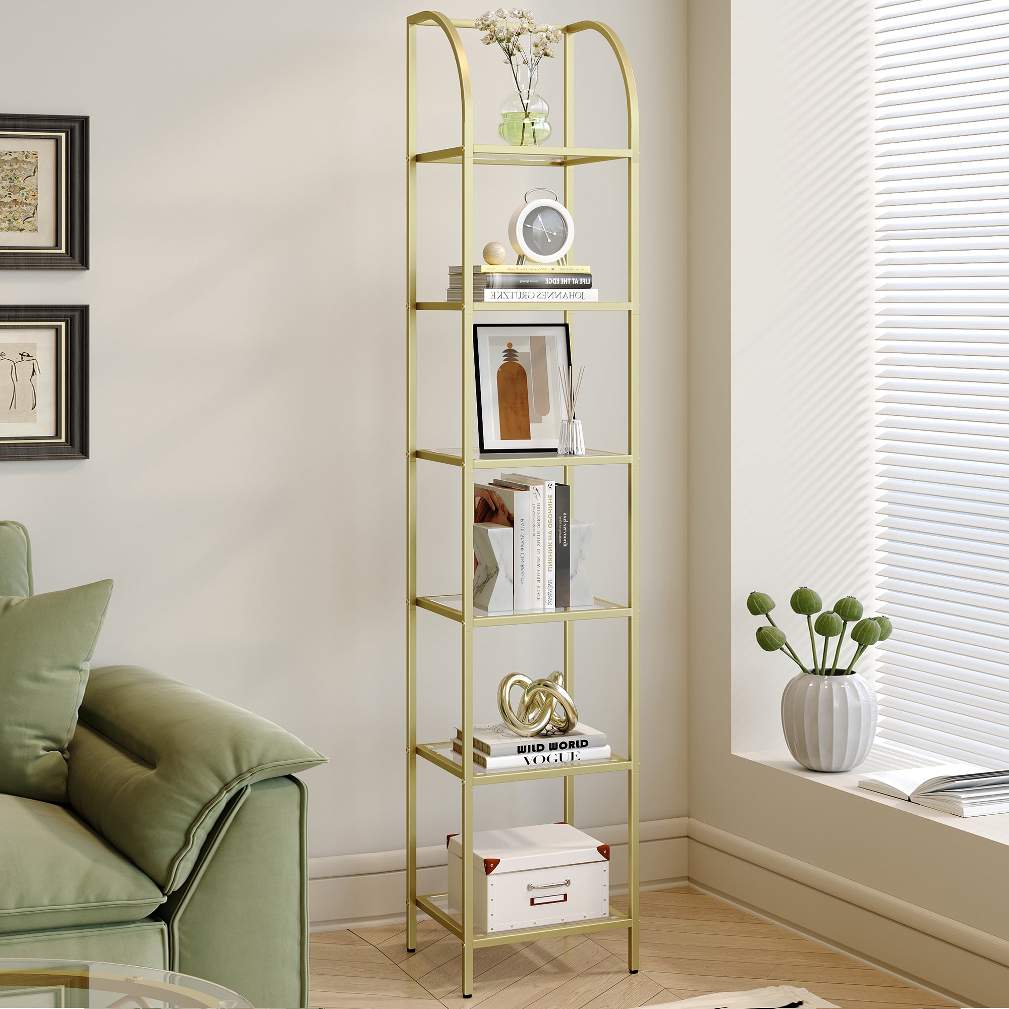 Hzuaneri 6 Tier Bookcase Bookshelf, Tempered Glass Bookshelves, Slim Shelving Unit for Bedroom, Bathroom, Home Office, Steel Frame, Gold, BC20699G