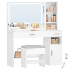 HEXCELEN dressing table with stool, large mirror, vanity table with 2 drawers, 4 open compartments and cabinet, for bedroom and dressing room, white,208103X
