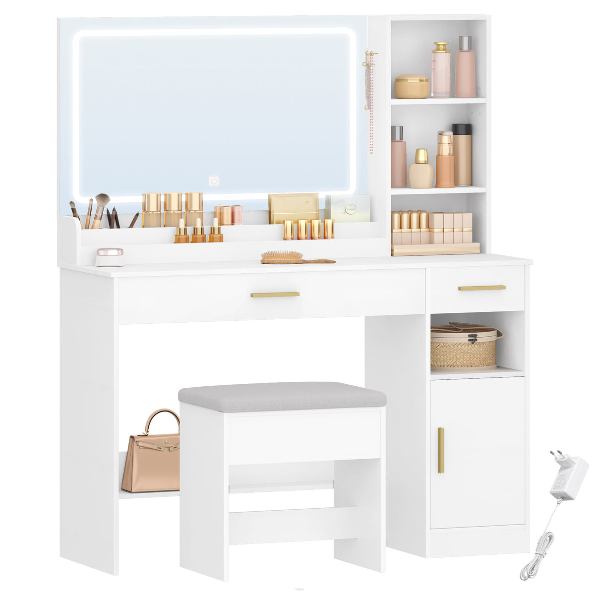 HEXCELEN dressing table with stool, large mirror, vanity table with 2 drawers, 4 open compartments and cabinet, for bedroom and dressing room, white,208103X