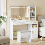 HEXCELEN dressing table with stool, large mirror, vanity table with 2 drawers, 4 open compartments and cabinet, for bedroom and dressing room, white,208103X