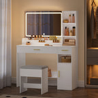 HEXCELEN dressing table with stool, large mirror, vanity table with 2 drawers, 4 open compartments and cabinet, for bedroom and dressing room, white,208103X