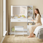 HEXCELEN dressing table with stool, large mirror, vanity table with 2 drawers, 4 open compartments and cabinet, for bedroom and dressing room, white,208103X