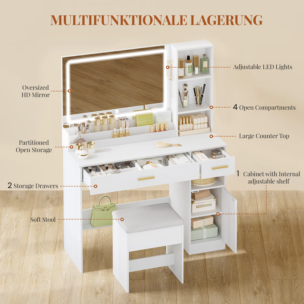 HEXCELEN dressing table with stool, large mirror, vanity table with 2 drawers, 4 open compartments and cabinet, for bedroom and dressing room, white,208103X